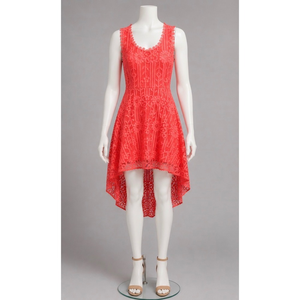 City Studio Coral Pink Lace High-Low Dress Sleeveless Fit & Flare Size 9 RN75010